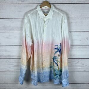 Tommy Bahama Shirt Mens XL Pastel Linen Palm Tree Beach Tropical Print